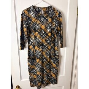 J McLaughlin Midi Dress Geometric Print Black Gold White 3/4 Sleeve Women's M
